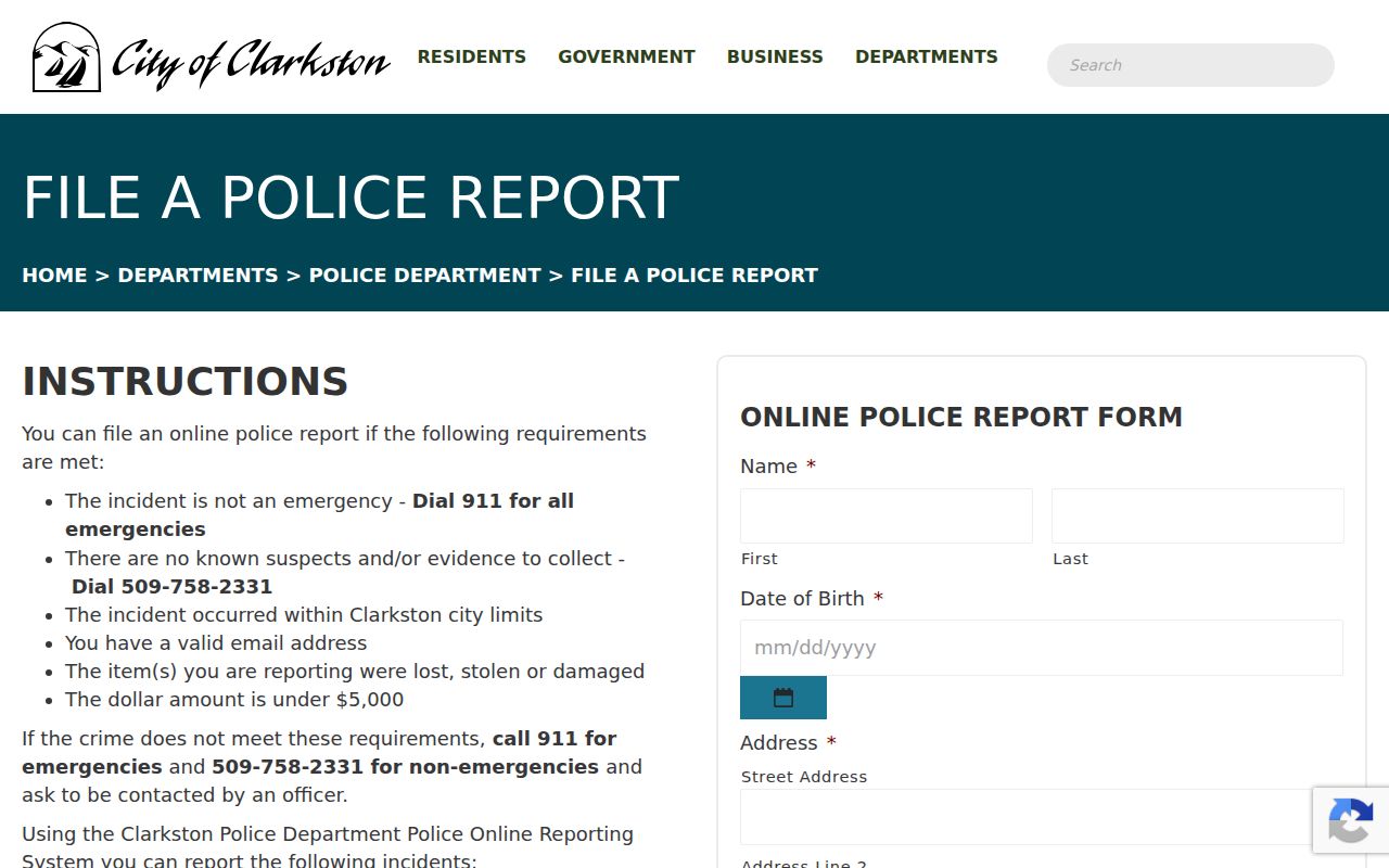 Clarkston criminal record online police report intake form