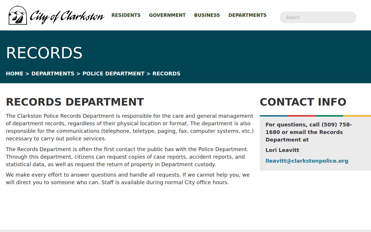 Clarkston criminal history Police Records request page