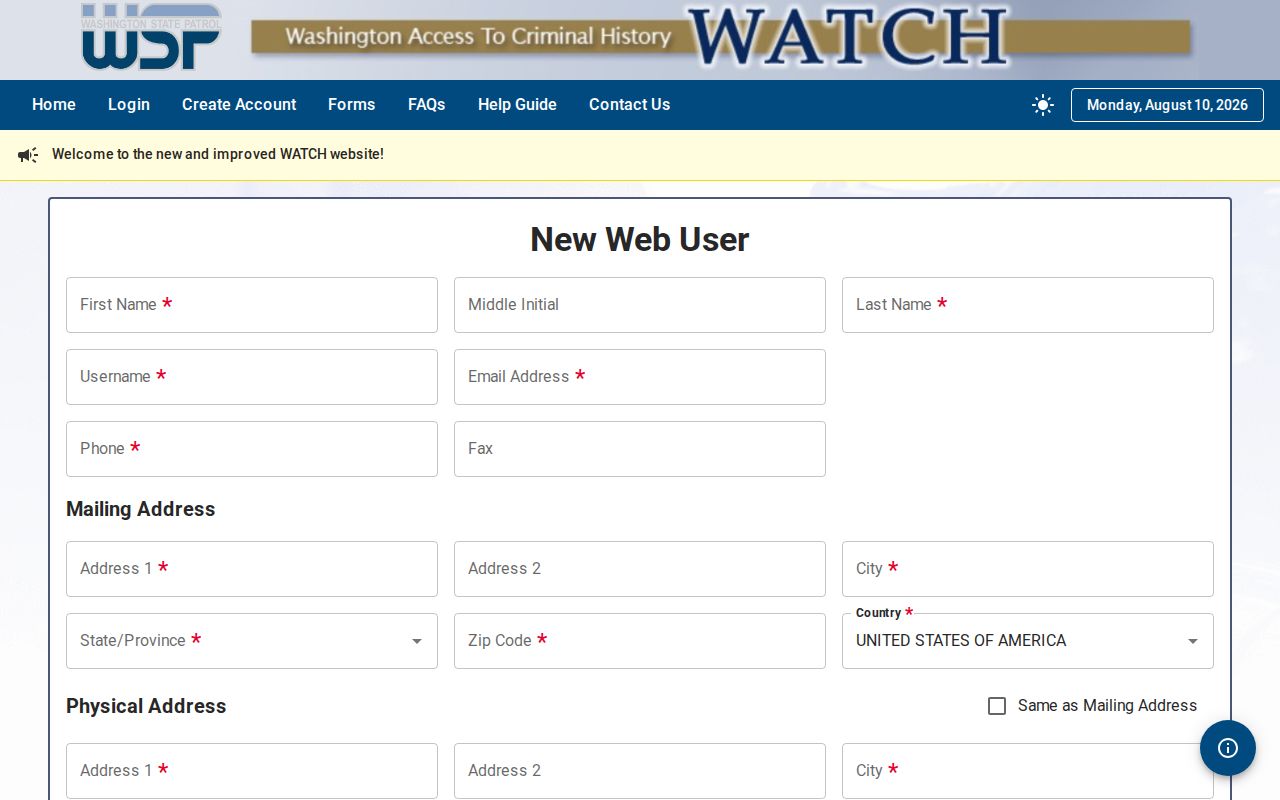 Asotin County criminal history WATCH account fields